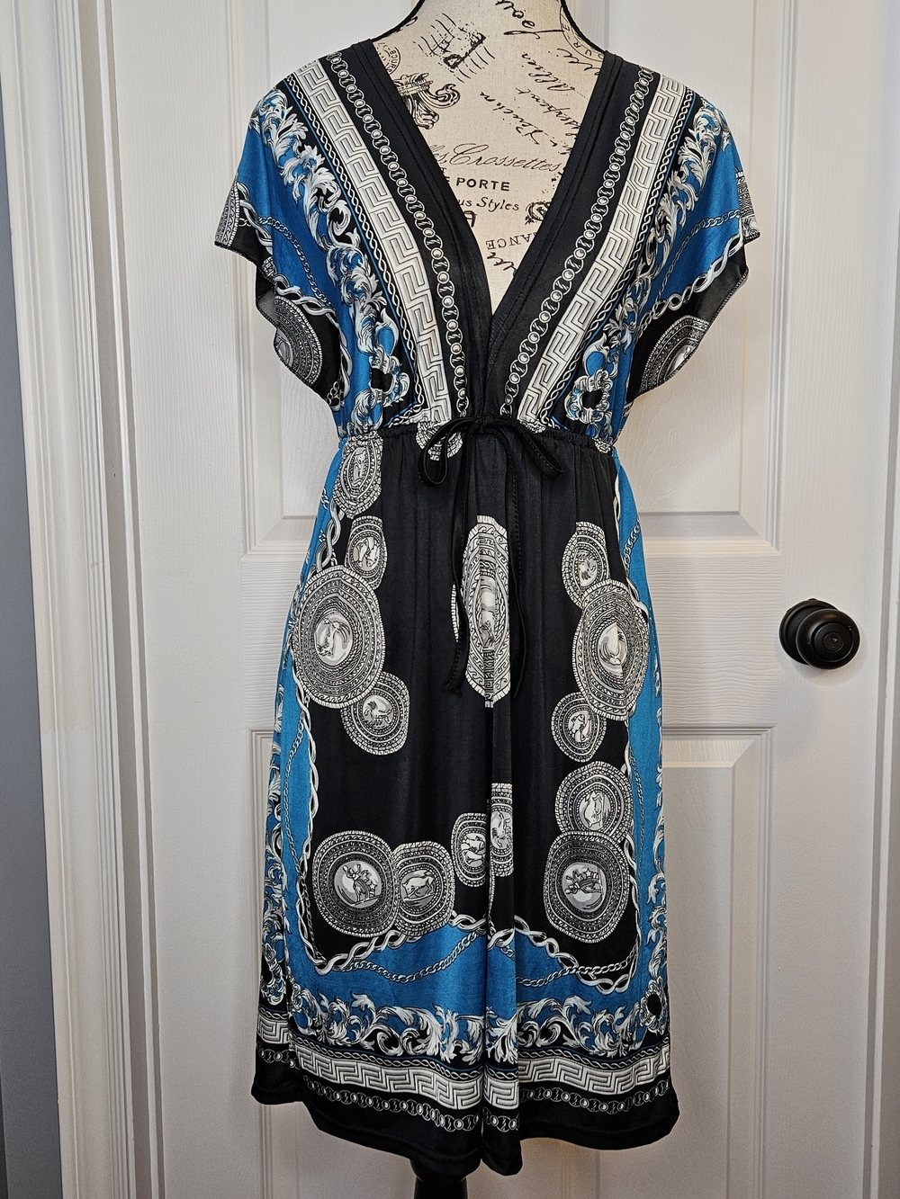 Plunge V-Neck Tunic Mini Dress Teal Black Baroque Medallion Print XS